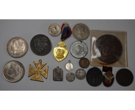 Quantity of antique & later coins and medallions including a 1921 American Morgan dollar, 1922 Liberty dollar and others, tog