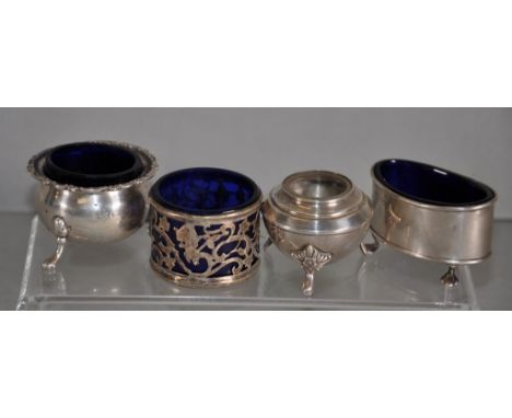 Four various sterling silver salt cellars with various sterling hallmarks, 78 grams approx