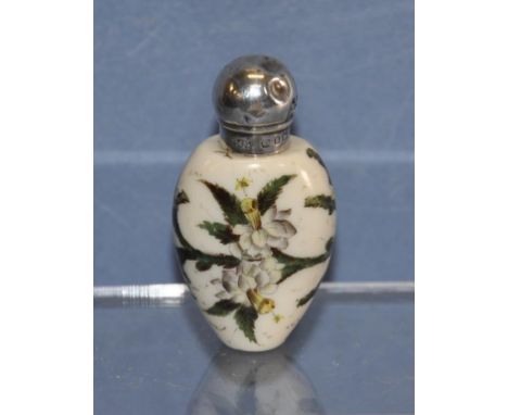 Victorian silver topped ceramic perfume bottle Birmingham 1889, maker Charles May, (lid dented), sterling silver cap and coll