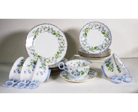Shelley fine Harebell tea service C' 1940 6 trios, cup, saucer and plate, chester shape with gold trim.