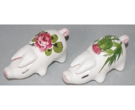 Pair Wemyss Plichta ceramic pig figures floral decorated, marked to bases. (Height 3cm, length 6cm approx, each).