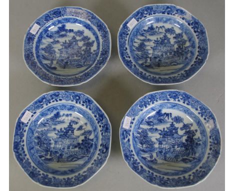 Set four antique Chinese export ceramic dishes blue and white court and lake decoration. Circa 1750s. Diameter 16cm approx, e