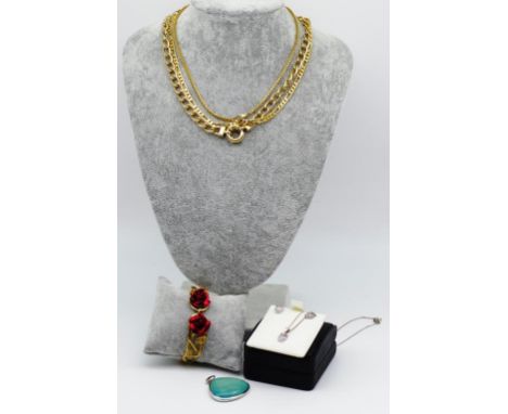 Group of costume and silver jewellery to include an owl pendant and earrings, gold plate chains and green stone and silver pe