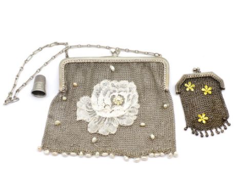 George V sterling silver mesh purse set with embroidery and pearls, By E Jospeh Imported London 1913, another smaller mesh pu