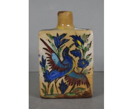 Antique Persian Iznik ceramic bottle traditional hand painter bird in foliage decoration. (Height 16cm approx).