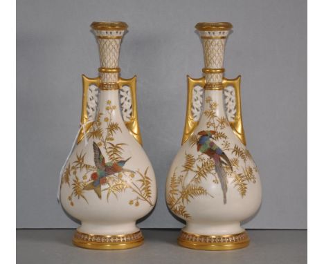 Good pair Victorian Royal Worcester vases hand painted bird decoration, with extensive gilt embossing, and pierced necks. Mar
