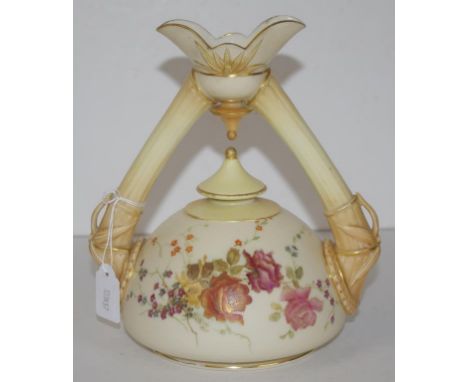 Royal Worcester blush ivory twin handle ewer C1885, with hand painted floral decoration, and bamboo formed handles, height 19