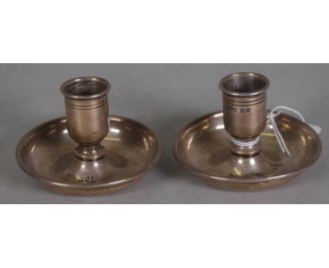 Pair Victorian sterling silver candleholders London 1899, makers J. Vickery, each monogrammed. Height 5.5cm approx, each. Wei