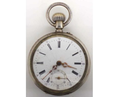 Remontoir antique silver open face pocket watch. Cylindrical  6 ruby manual wind movement. Engine turned back with plane cart