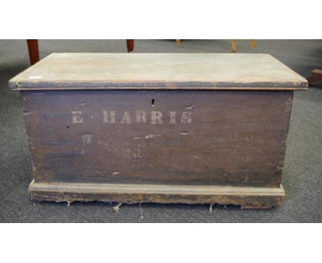 Antique rustic wooden trunk with name E. Harris to front, 91cm x 48cm, 45cm high, together with a vintage wooden tray