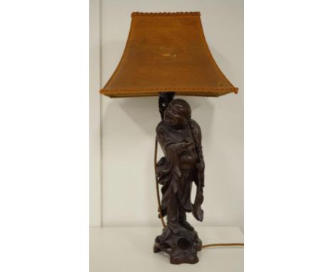 Vintage carved wood Buddha electric lamp 70cm high
