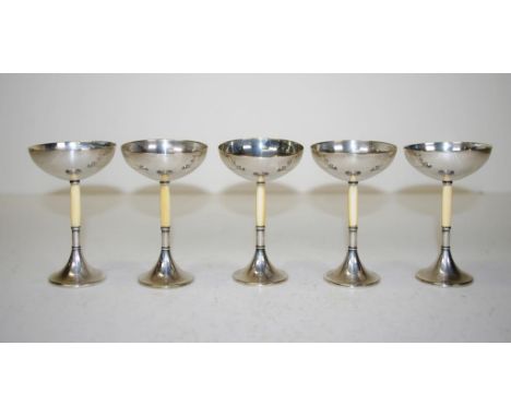 Rare set of five WMF silver plate & ivory cocktail glasses,  This item may not be exported without CITES documentation.