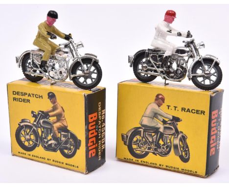 2 Budgie Toys Motorcycles. A T.T. (Tourist Trophy) Racer No.456, silver plated bike with white plastic rider. Together with a