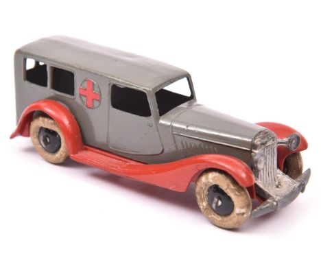 Dinky Toys (24a) ambulance dark grey body with red crosses to side panels, criss-cross red open chassis, Bentley style grille