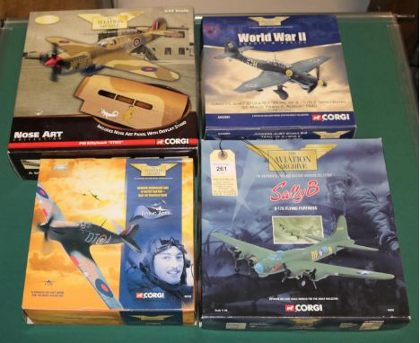 4 Corgi Aviation Archive.1:44/1:72 scale:  B-17G Flying Fortress 'Sally B' (48202). Plus 3x 1:72- 'Nose Art Collection' P40 K