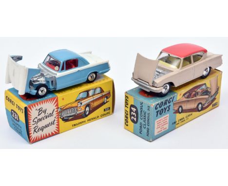 2 Corgi Toys. Triumph Herald Coupe (231). In white and light blue with red interior. Plus a Ford Consul Classic (234) in crea