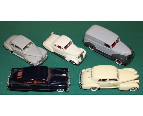 5 White Metal American Vehicles. Brooklin: 1948 Cadillac Fast Back Coupe, in black. 1938 Cadillac 60 Special Sedan in 'Palace