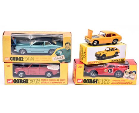 3 Corgi Whizzwheels. Morris Marina 1.8 Coupe (306). An example in metallic light maroon with cream interior. Plus a Datsun 24