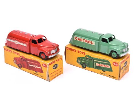 2 Dinky Toys Studebaker Petrol Tankers. 'Castrol' (441), in mid green with green wheels. Plus 'ESSO' (442) in red with red wh