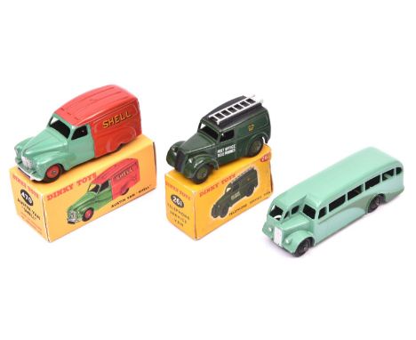 3 Dinky Toys. Telephone Service Van (261) in dark green. Boxed, worn/damaged. An Austin Van 'Shell-BP' (470) in bright red an