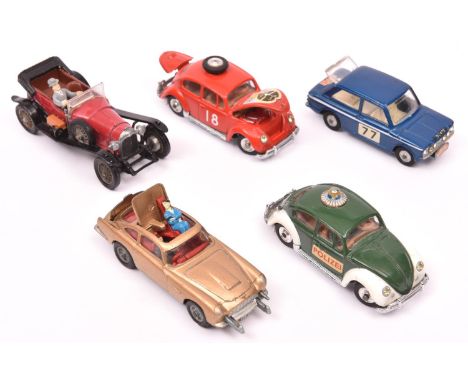 5 Corgi Toys. James Bond Aston Martin DB5 in metallic gold with red interior. John Steed's Bentley in red and black. A Sunbea