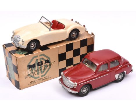 2x Victory Industries 1:18 scale battery operated models. An MGA with moulded plastic body in ivory and red interior. Boxed, 