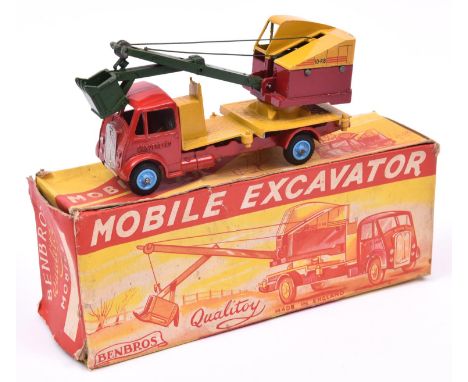 Benbros Qualitoy Mobile Excavator. An AEC lorry in red with 'Sunderland' cast into doors, light blue wheels, yellow rear body