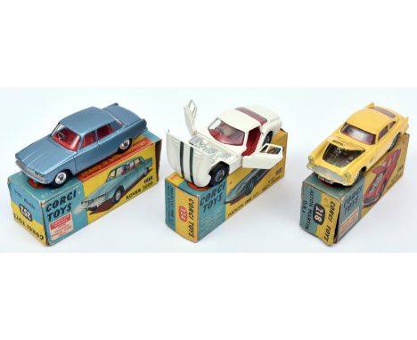 3 Corgi Toys. Aston Martin D.B.4 (218). In yellow with red interior, example with detailed cast wheels. Plus a Rover 2000 (25