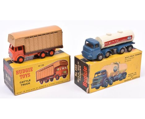 2 Budgie Toys. A Leyland Cattle Truck No.220. In orange and light brown livery. Plus a Leyland Bulk Milk Tanker No.292 in blu