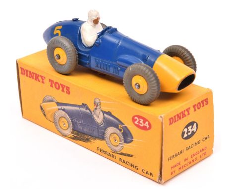 Dinky Toys Ferrari Racing car (234). In dark blue with yellow front and wheels, grey tyres, RN5. Boxed, minor wear. Vehicle V