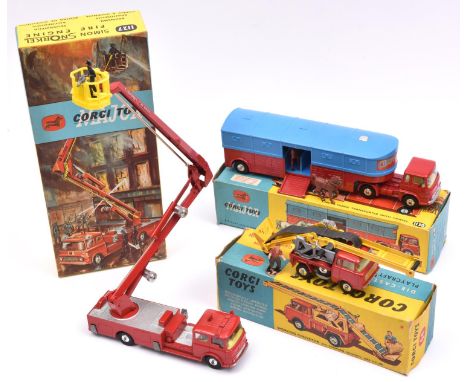 3 Corgi Toys. A Simon Snorkel Fire-Fighting &amp; Rescue Unit (1127). A Bedford fire engine in red with yellow interior and y