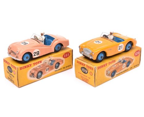 2 Dinky Toys. Austin-Healey '100' Sports (109). An example in orange with mid blue seats and wheels, RN21. Plus a Triumph TR2