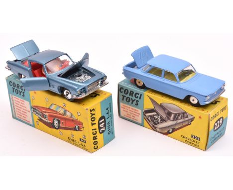 2 Corgi Toys. Chevrolet Corvair (229) in lilac with yellow interior, smooth wheels and black tyres. Plus a Ghia L.6.4 with Ch