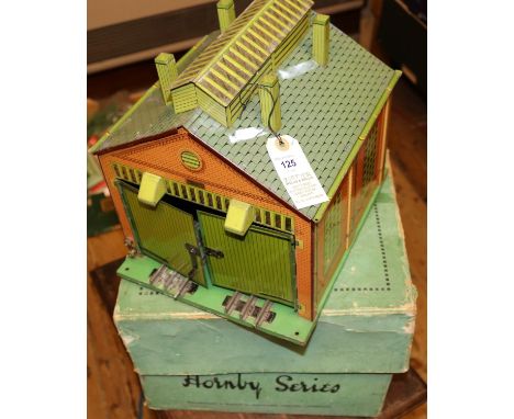 A Hornby Series O gauge 3-rail No.E1E Engine Shed. 'Fitted for Electric Lighting' with green base. Boxed, some wear/damage. S