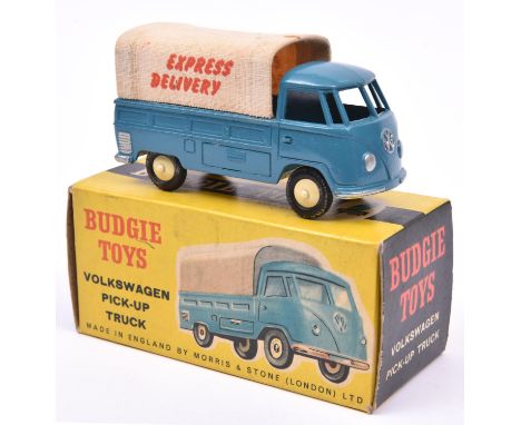 Budgie Toys Volkswagen Pick-Up No.204. In mid blue with cream canvas tilt with 'Express Delivery', cream base and wheels, wit