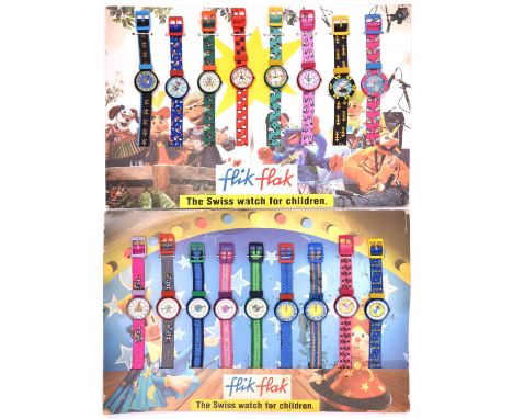 2x vintage Swatch watch salesman's Flik Flak card displays, each mounted with 9 watches. Marketed as 'The swiss watch for chi