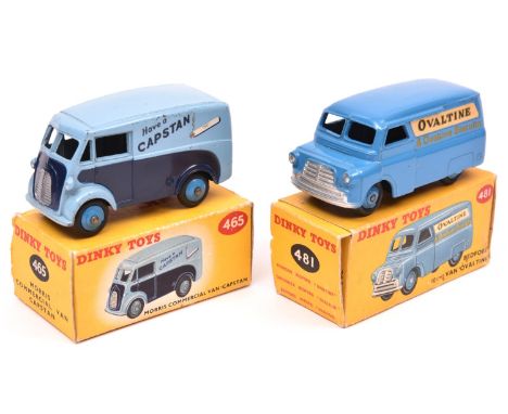 2 Dinky Toys. Morris Commercial Van, 'Capstan' (465). In light blue and dark blue livery, with mid blue wheels. Plus a Bedfor