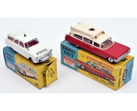 2 Corgi Toys. Ford Zephyr Motorway Patrol (419). First version in white with red interior, small light to roof, smooth spun w