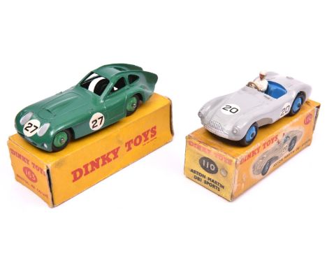 2 Dinky Toys. Aston Martin DB3 Sports (110). In light grey with mid blue interior and wheels, RN20, complete with driver. Plu