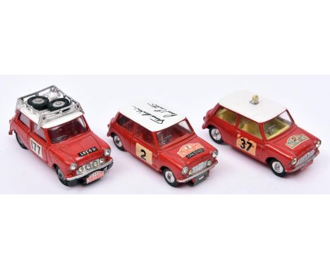 3 Corgi Toys competition Minis. BMC Mini Cooper 'S' RN177 in red with white roof with rack and spare wheels fitted, with red 