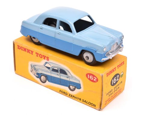 Dinky Toys Ford Zephyr Saloon (162). An example in light blue and mid blue with light grey wheels and black tyres. Boxed, min