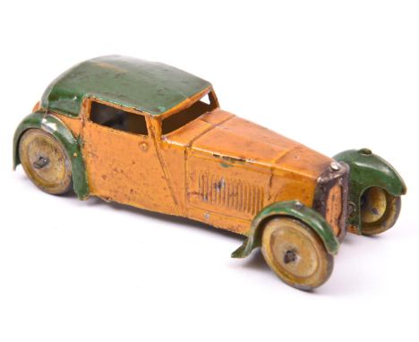 Dinky  Closed Sports Coupe (22b) yellow body with green roof and mudguards, original paint appears to have been varnished,mar