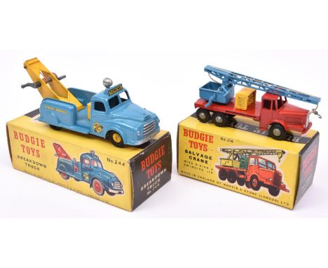 2 Budgie Toys. Thornycroft Salvage Crane No.214. In red with a light blue crane and a yellow crane engine. Together with a Mo