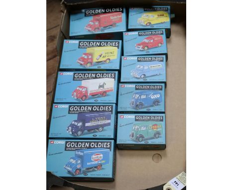10 Corgi Golden Oldies. Including; (06201) Morris J Cydrax, (06202) Morris J Oxo, (05602) Bedford CA Ovaltine, (06502) Morris