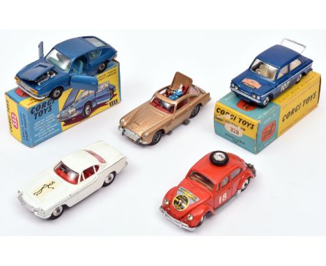 5 Corgi Toys. Hillman Imp (328) in metallic blue with cream interior,  Monte-Carlo RN107. Lancia Fulvia Sport Zagato (332) in