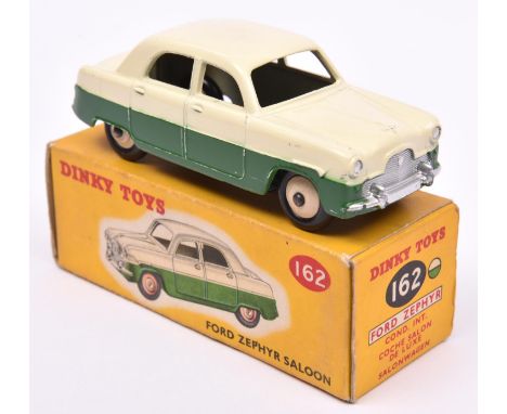 Dinky Toys Ford Zephyr Saloon (162). An example in cream and dark green with darker cream wheels and black tyres. Boxed, mino