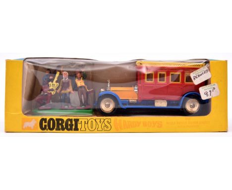 Corgi Toys Hardy Boys 1912 Rolls-Royce Silver Ghost (805). Blue, red and yellow Rolls-Royce complete with 5x figures on green