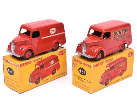 2 Dinky Toys Trojan 15cwt Vans. 'ESSO' (450) in red livery with red wheels. Plus another example 'Dunlop' (451) in bright red