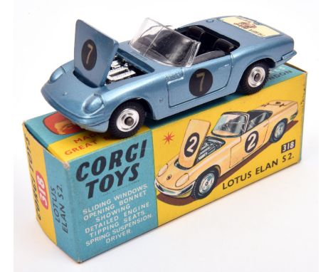 Corgi Toys Lotus Elan S2. (318). An example in light metallic steel blue with black interior, 'I've Got A tiger In My Tank' d