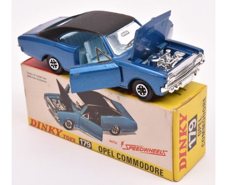 Dinky Toys Opel Commodore (179), finished in metallic blue with black roof, light blue interior. Fitted with black plastic Sp